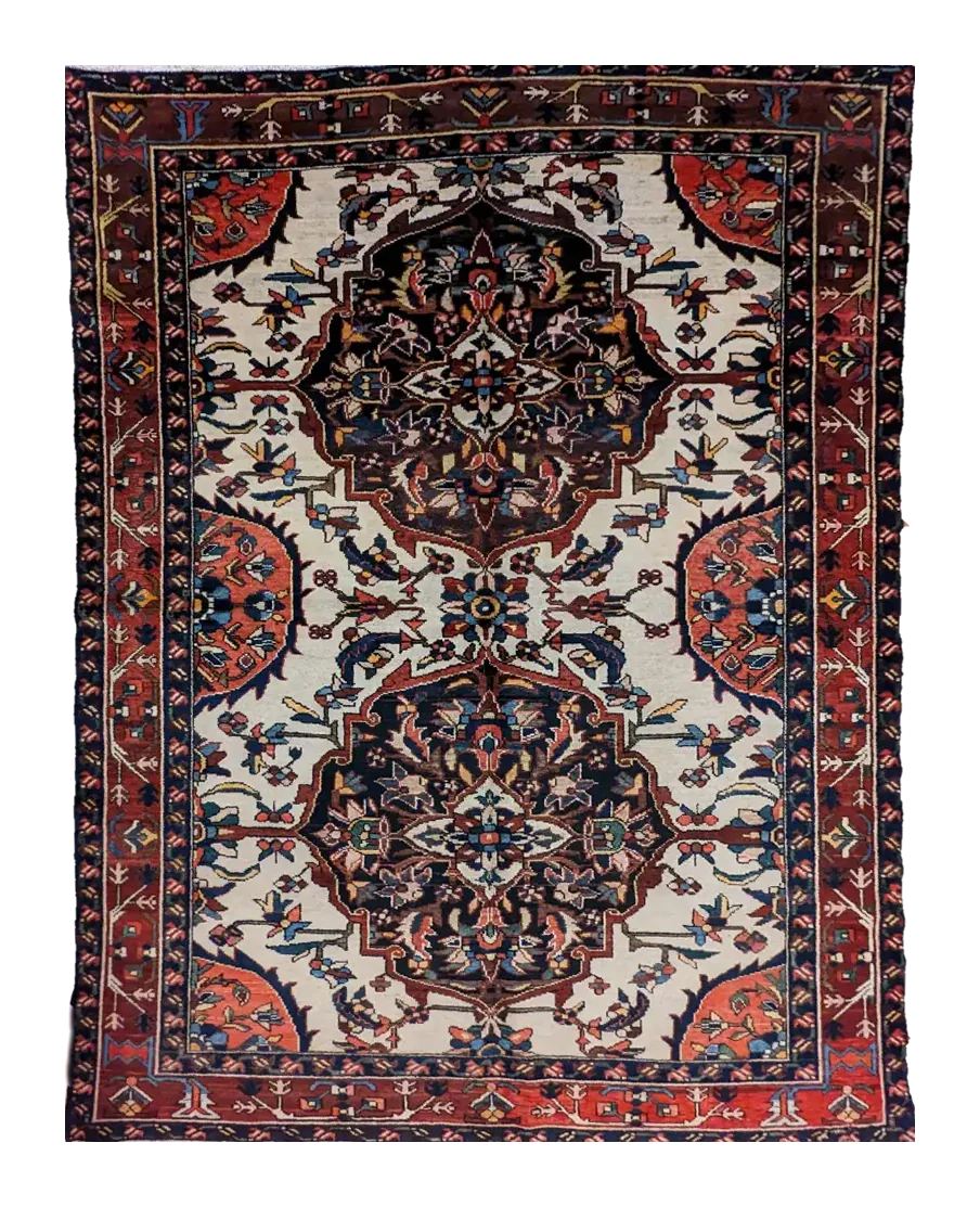 handmade Persian Baktiari rug with double medallion and floral motifs on light background