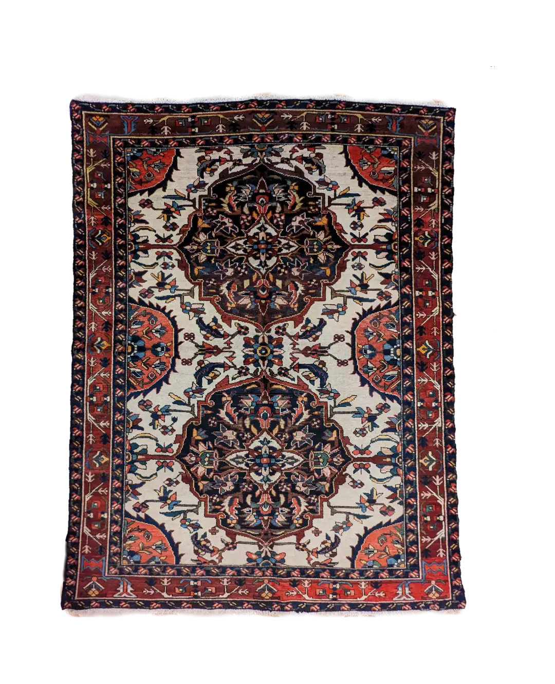 handmade Persian Bakhtiari rug with double medallion and floral motifs on light background