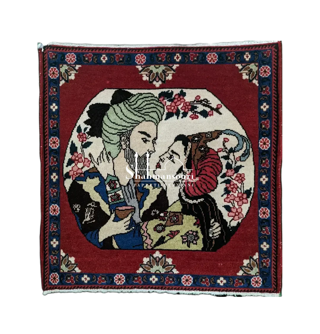 handmade Persian Baktiari figurative rug with romantic couple and floral motifs
