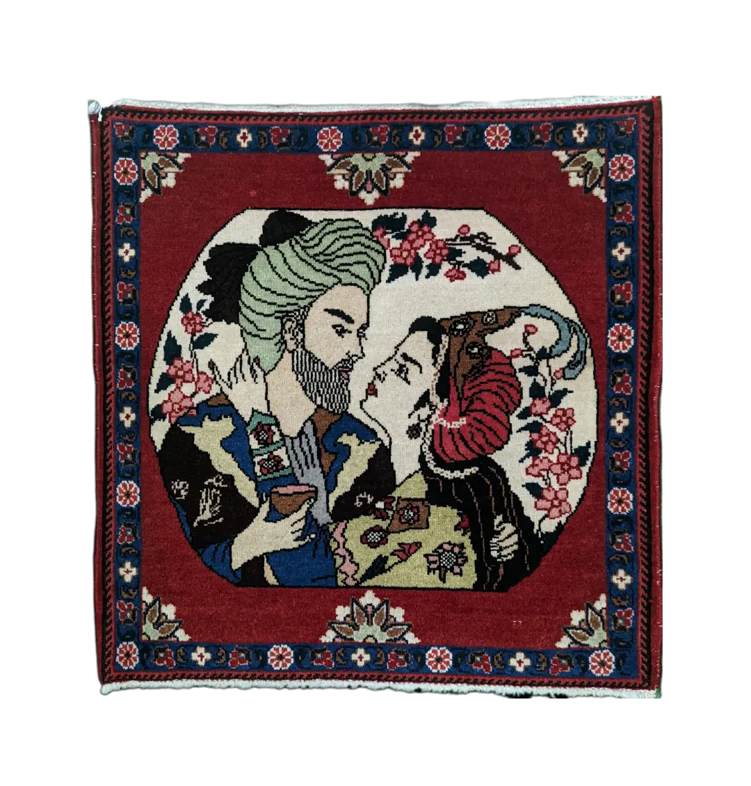 handmade Persian Bakhtiari figurative rug with romantic couple and floral motifs