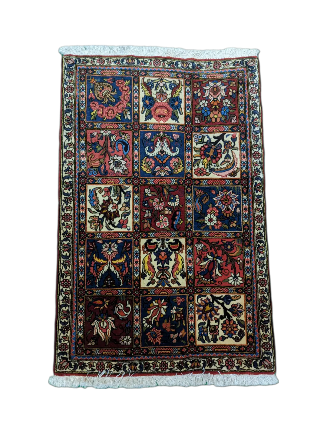 handmade Persian Bakhtiari rug with floral garden panel design