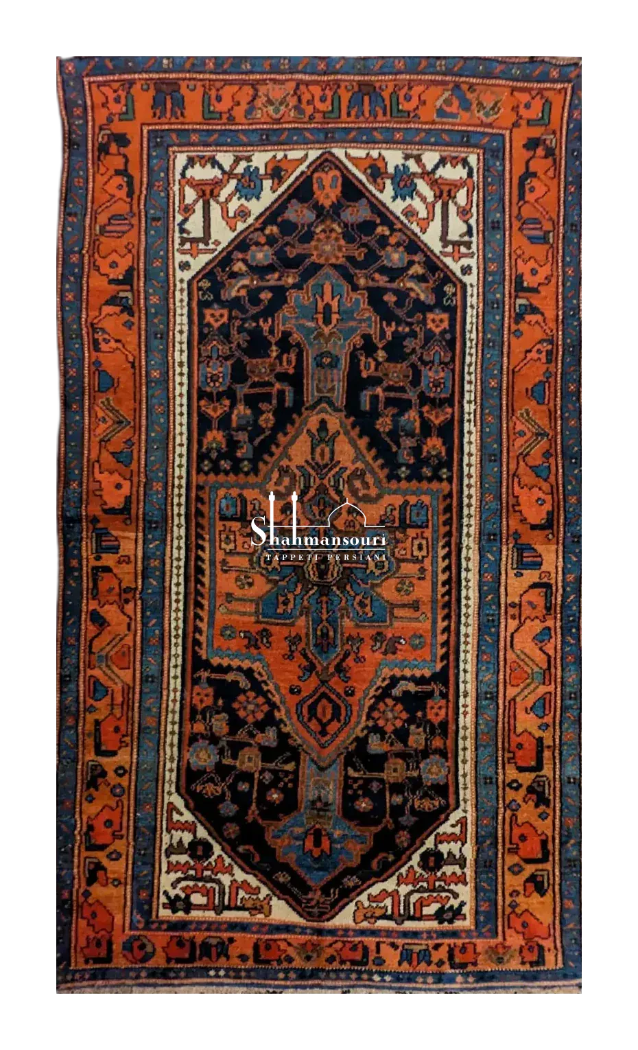 handmade Persian Bijar rug with central medallion on red and dark blue background