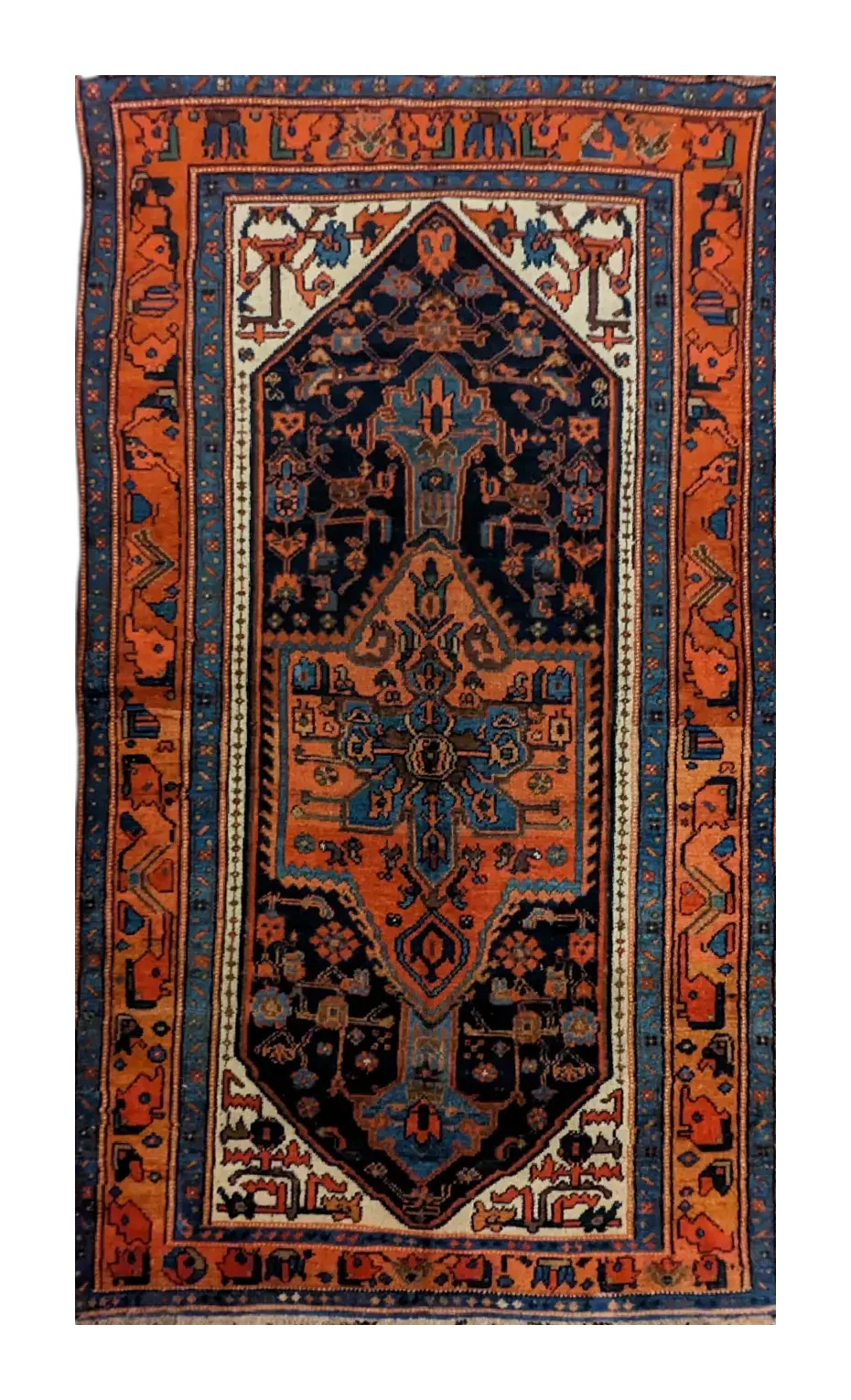 handmade Persian Bijar rug with central medallion on red and dark blue background