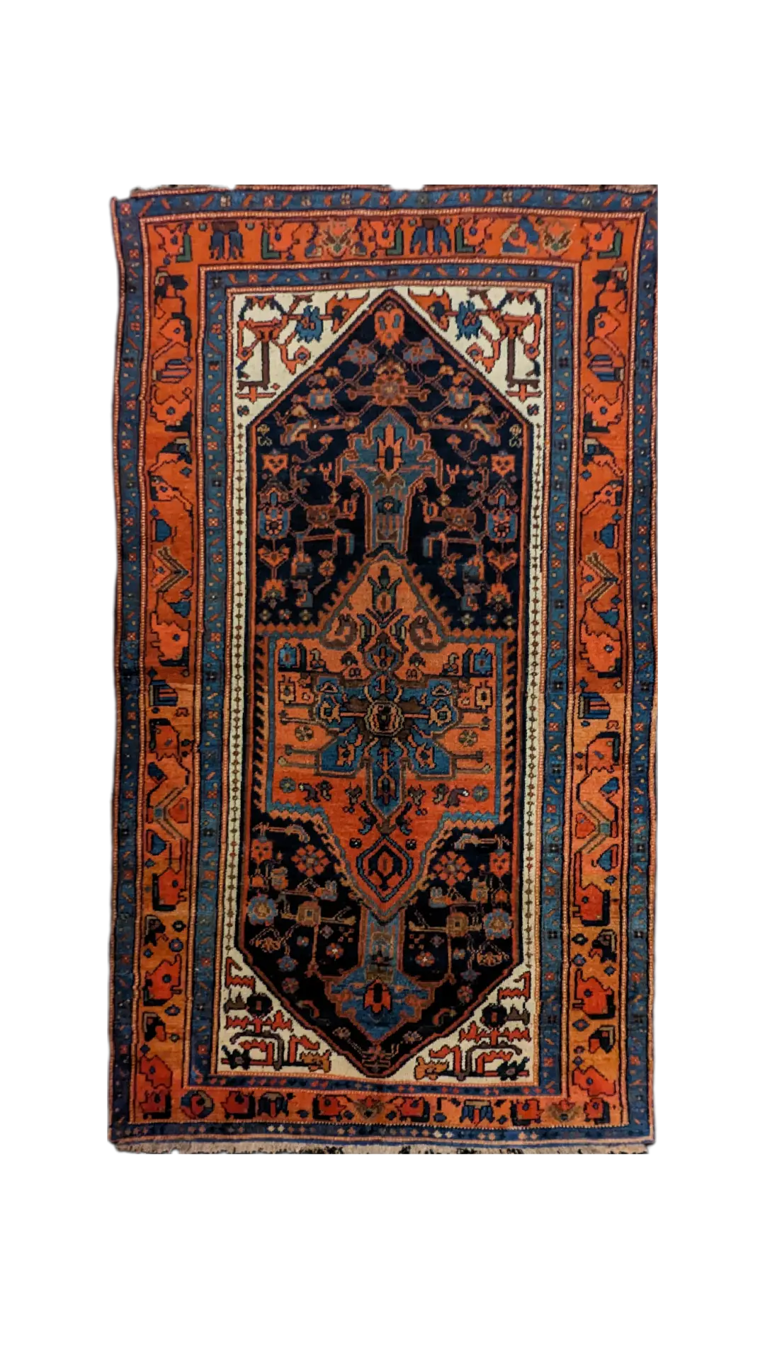 handmade Persian Bijar rug with central medallion on red and dark blue background