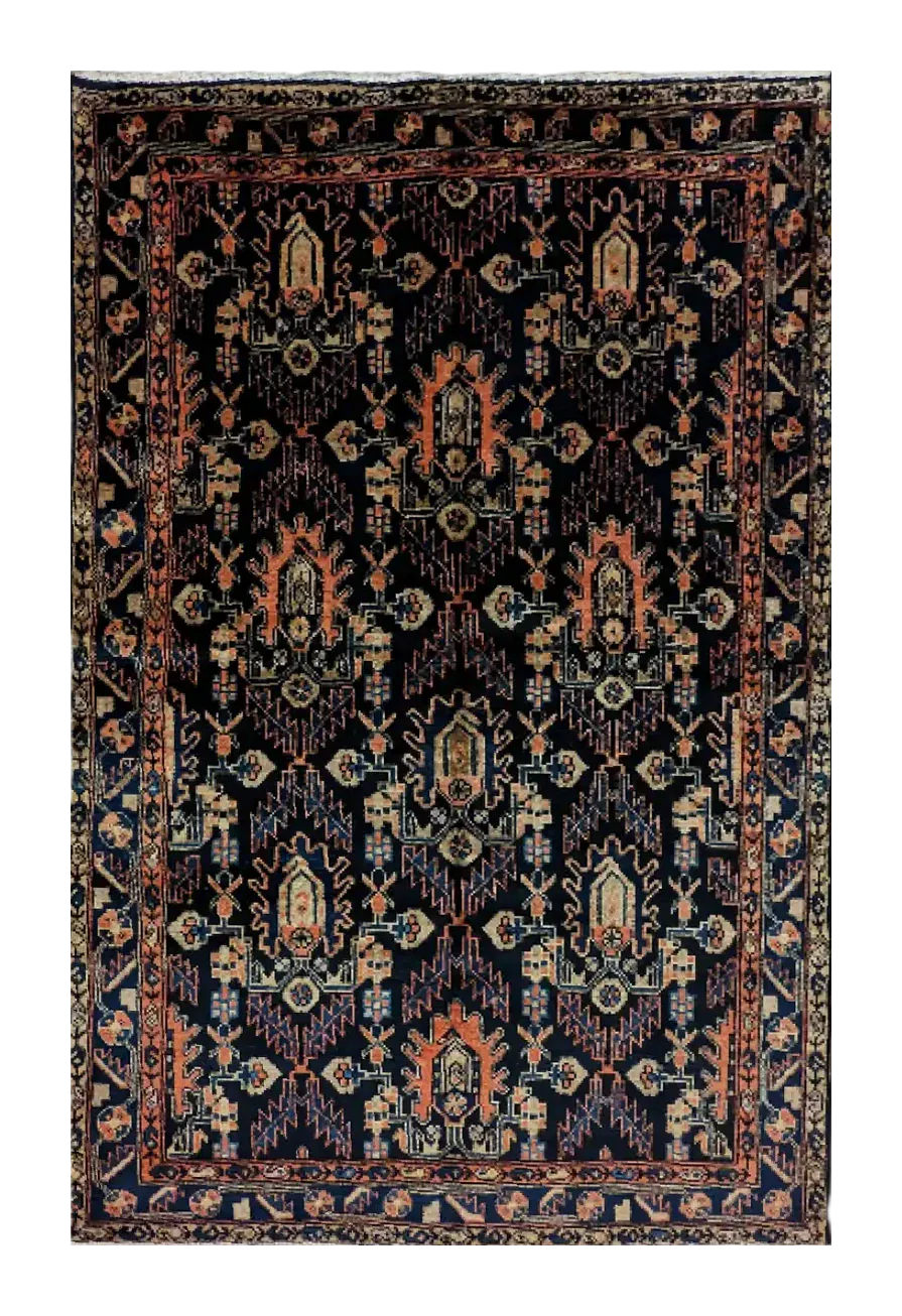 tappeto persiano Burujerd fatto a mano con motivi geometrici all-over su fondo blu scuro
