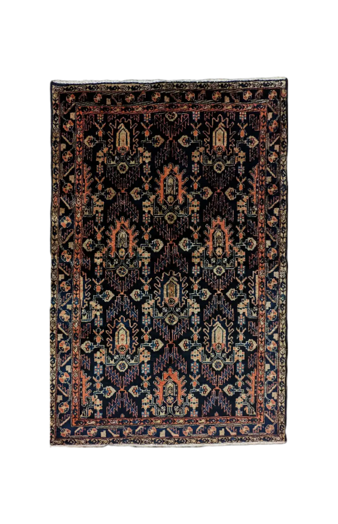 tappeto persiano Burujerd fatto a mano con motivi geometrici all-over su fondo blu scuro