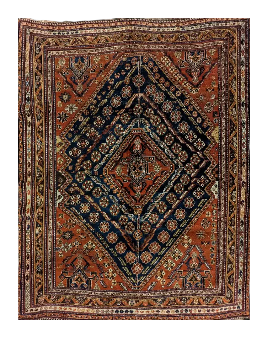 handmade Persian Qashqai rug with central geometric medallion on red background