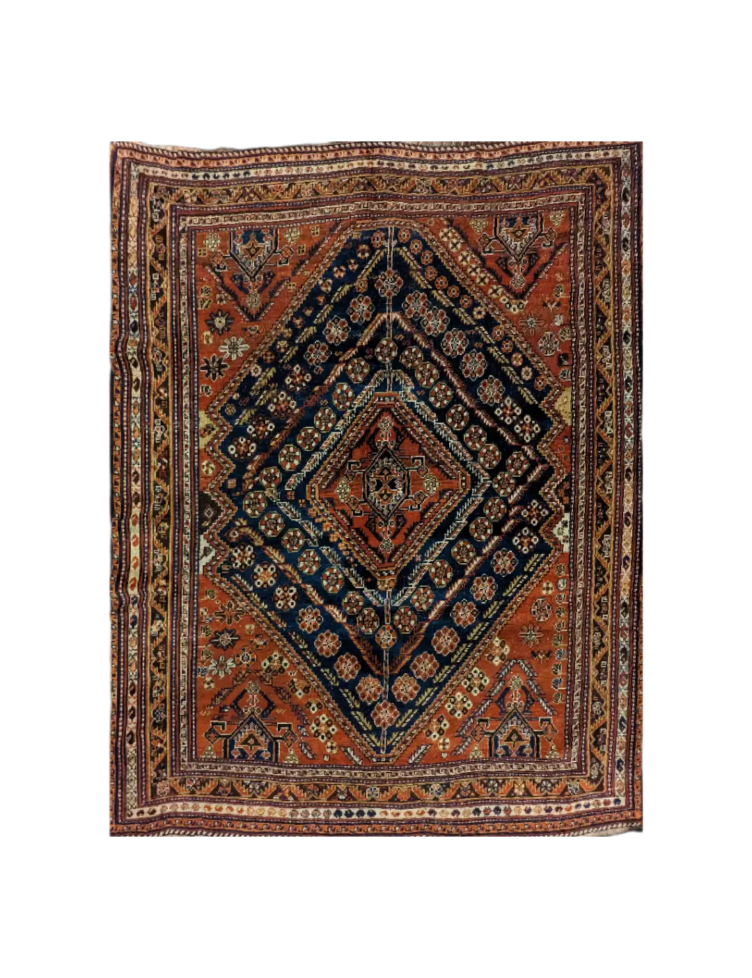 handmade Persian Qashqai rug with central geometric medallion on red background