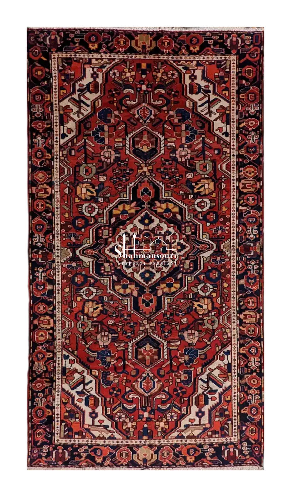 tappeto persiano Malayer fatto a mano con medaglione centrale e motivi geometrici su fondo rosso
