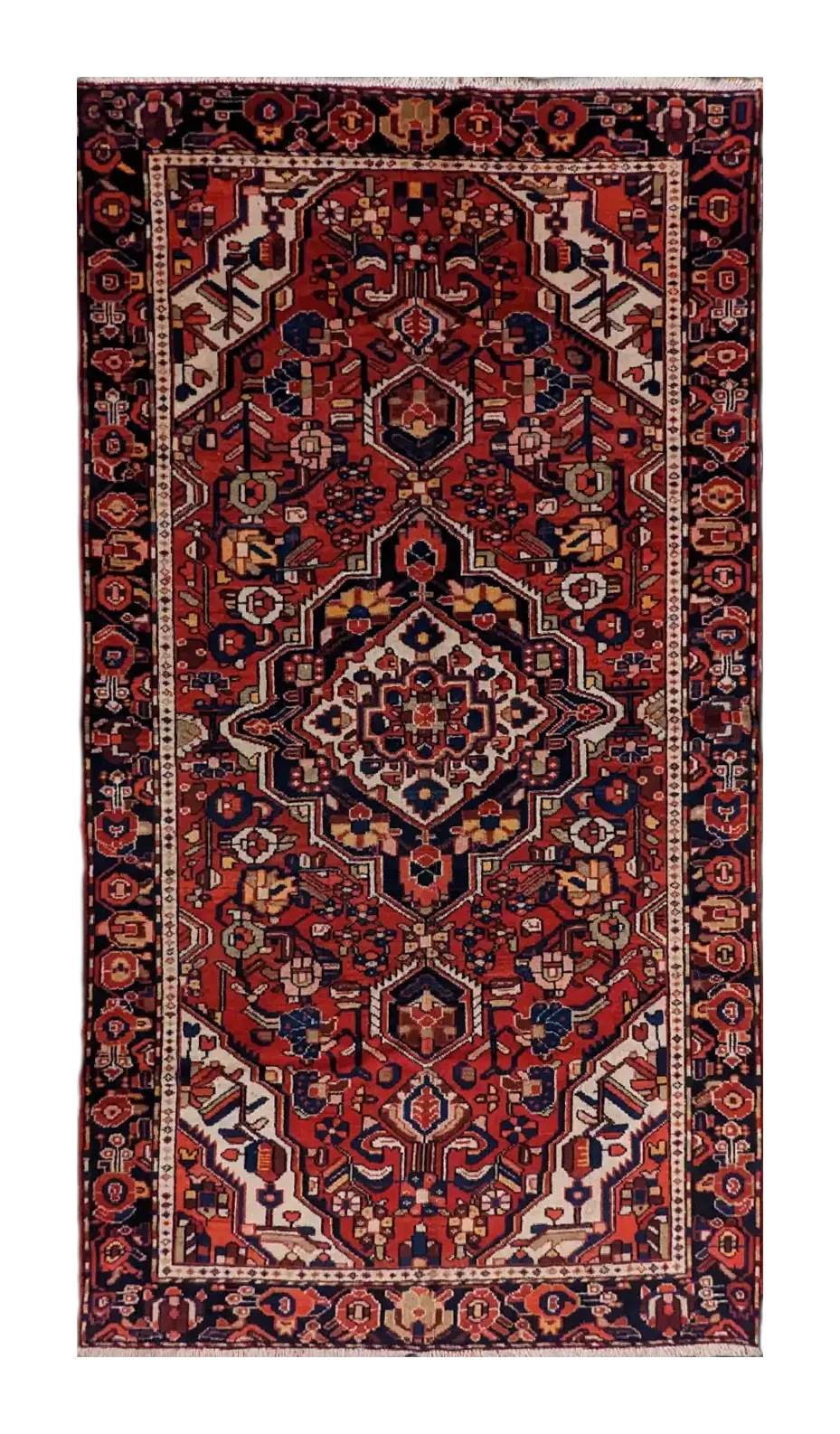 tappeto persiano Malayer fatto a mano con medaglione centrale e motivi geometrici su fondo rosso