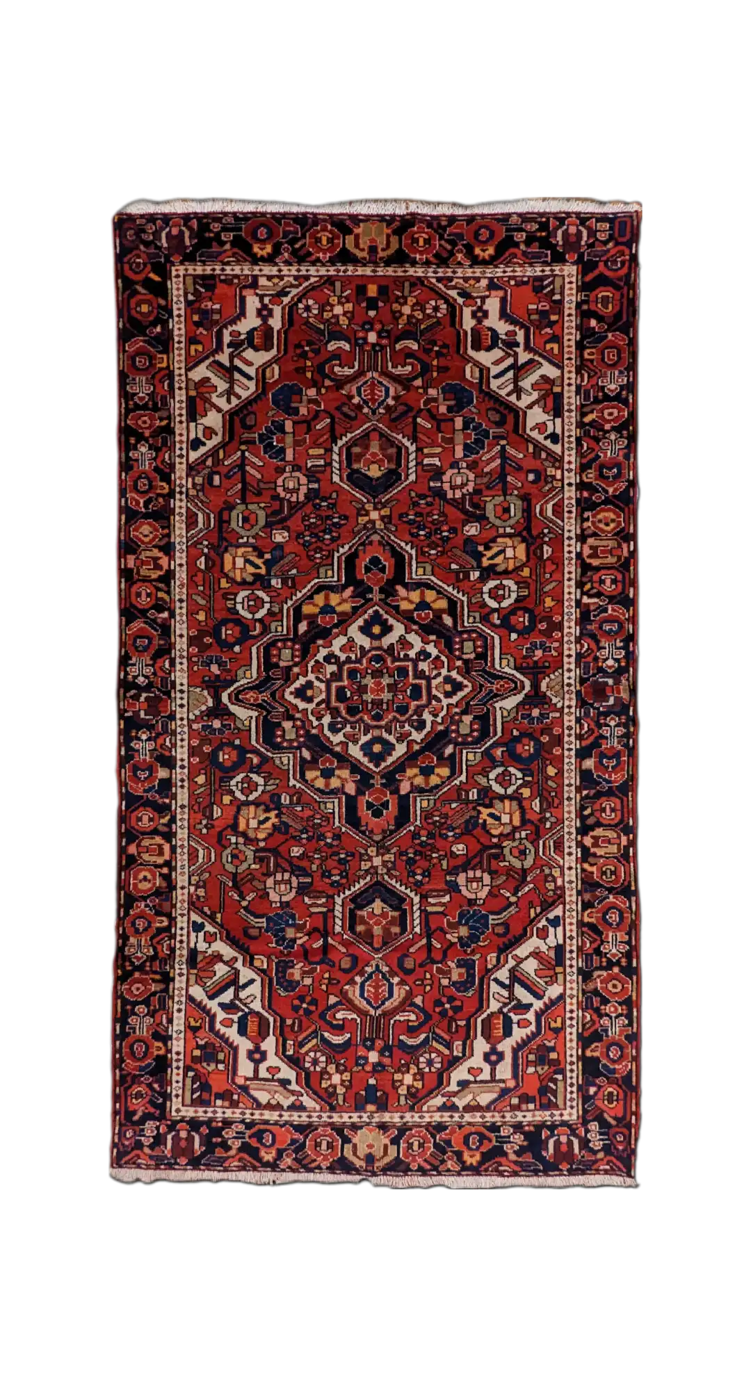 tappeto persiano Malayer fatto a mano con medaglione centrale e motivi geometrici su fondo rosso