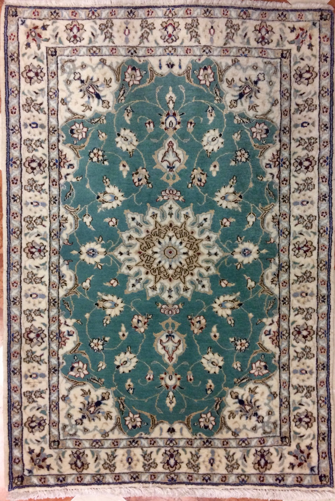 light blue and ivory Nain 6La Persian rug with floral central medallion
