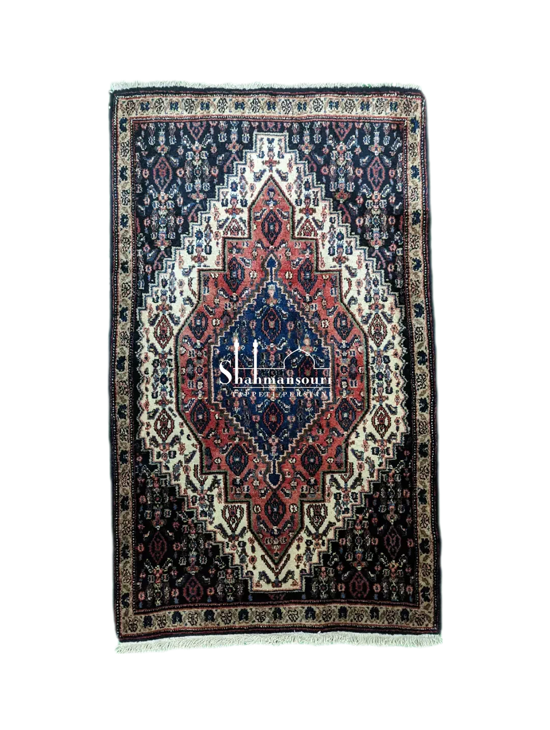 handmade Persian Senneh rug with central medallion and strong contrast between dark and light areas