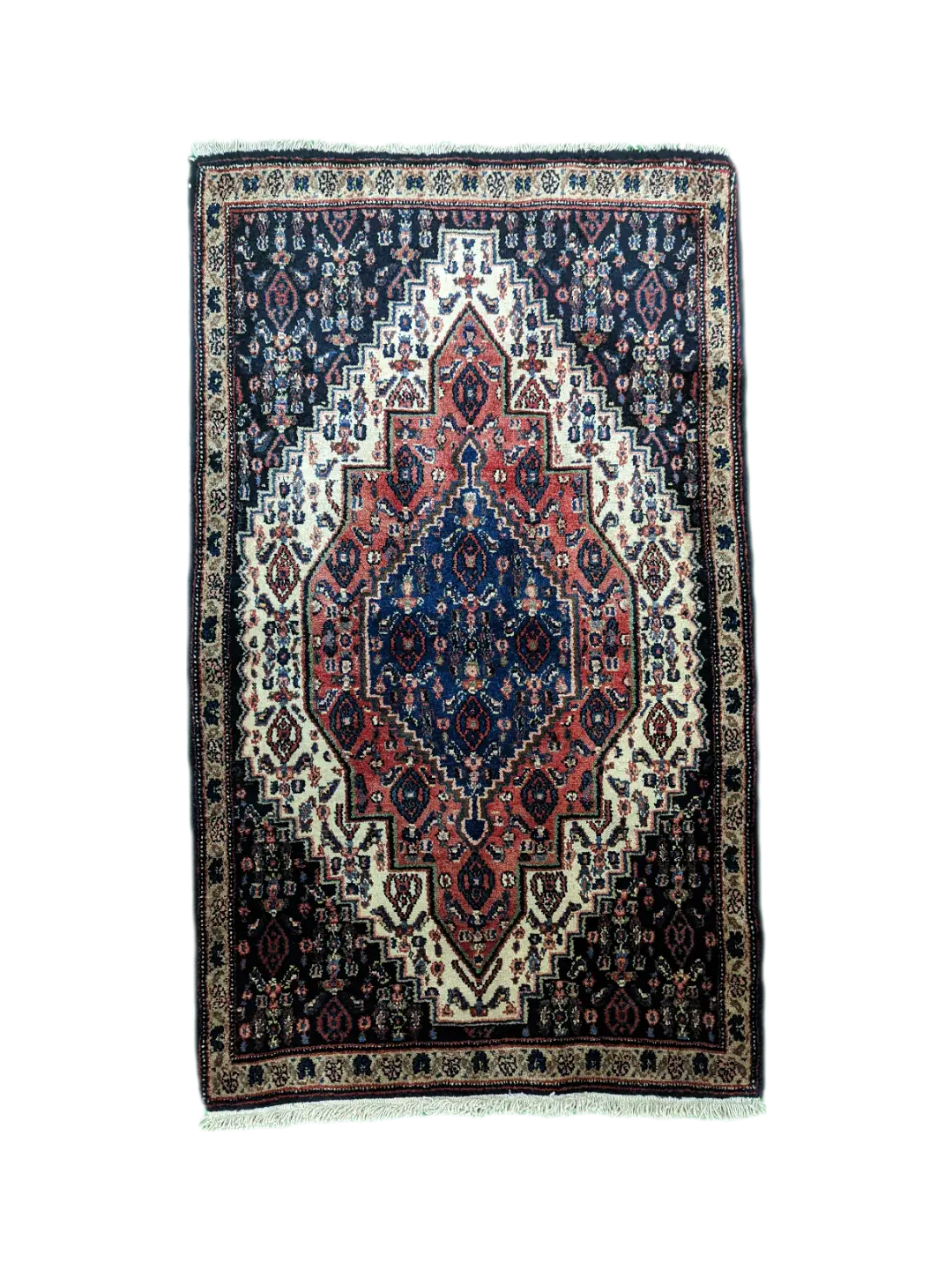 handmade Persian Senneh rug with central medallion and strong contrast between dark and light areas