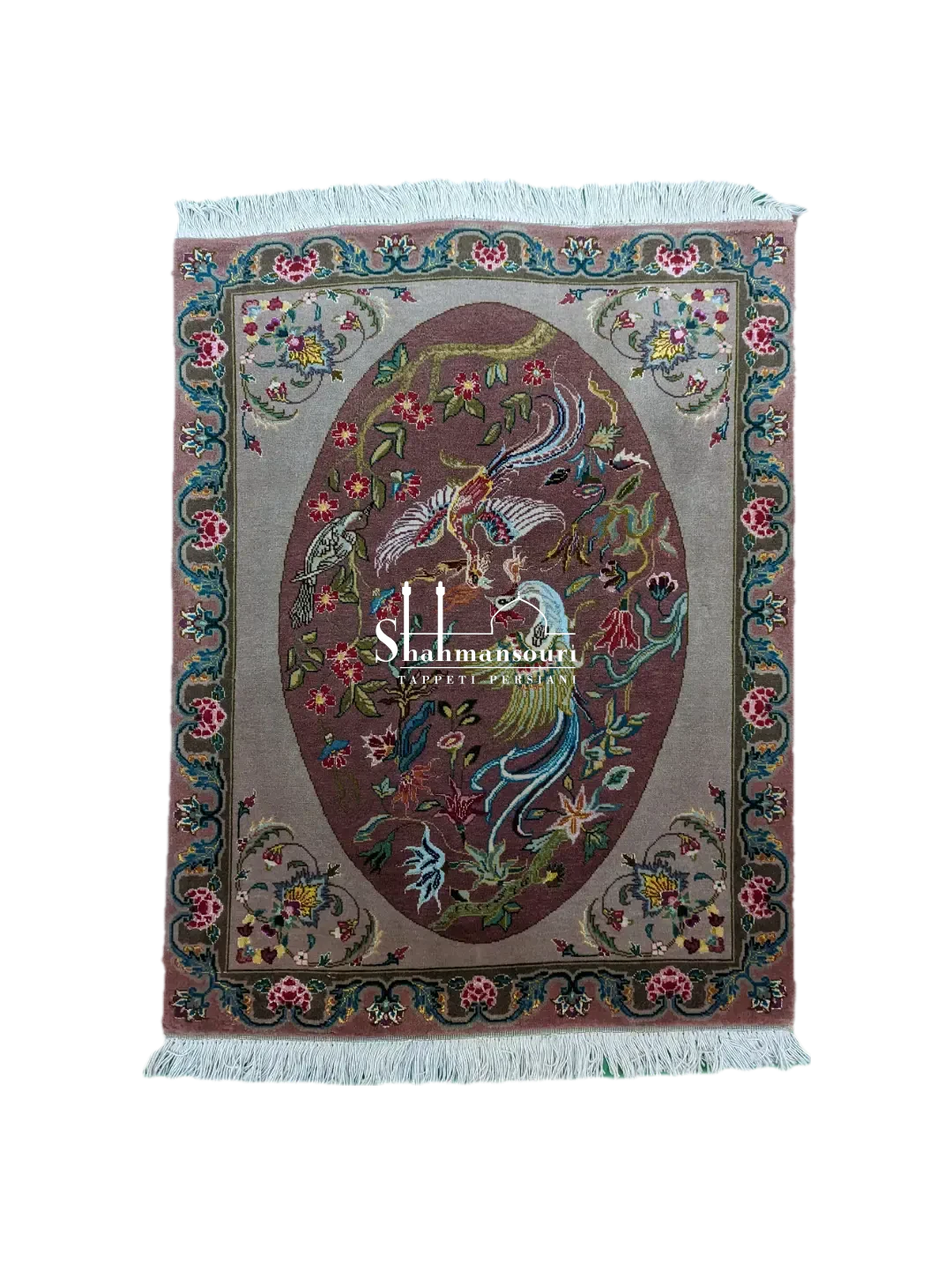 handmade Persian Tabriz figurative rug with birds and floral motifs