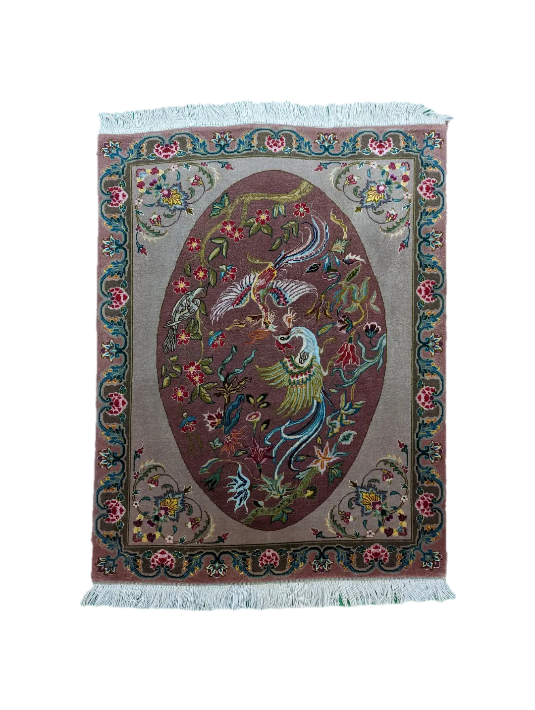 handmade Persian Tabriz figurative rug with birds and floral motifs