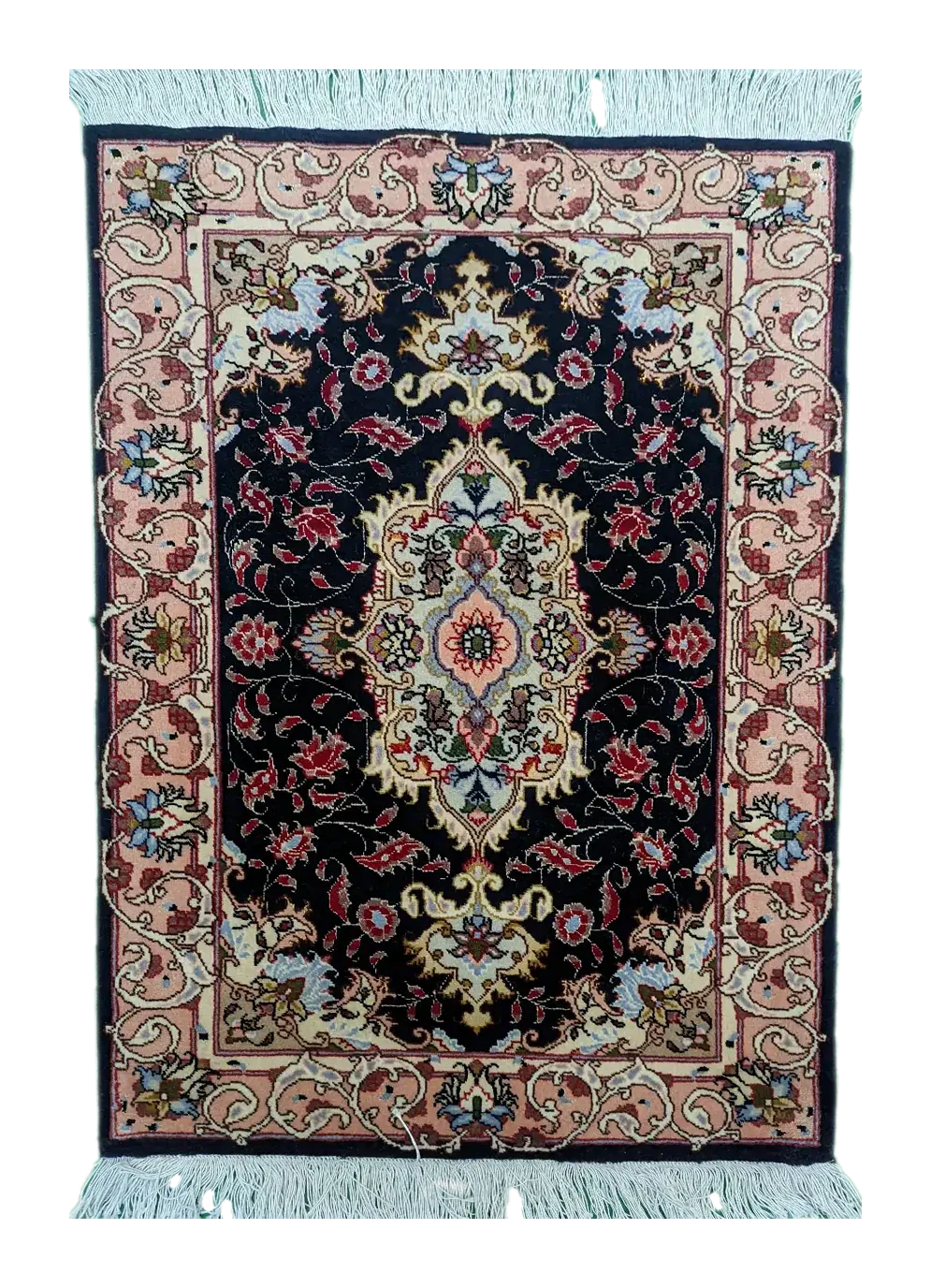 handmade Persian Tabriz rug with black background and floral medallion