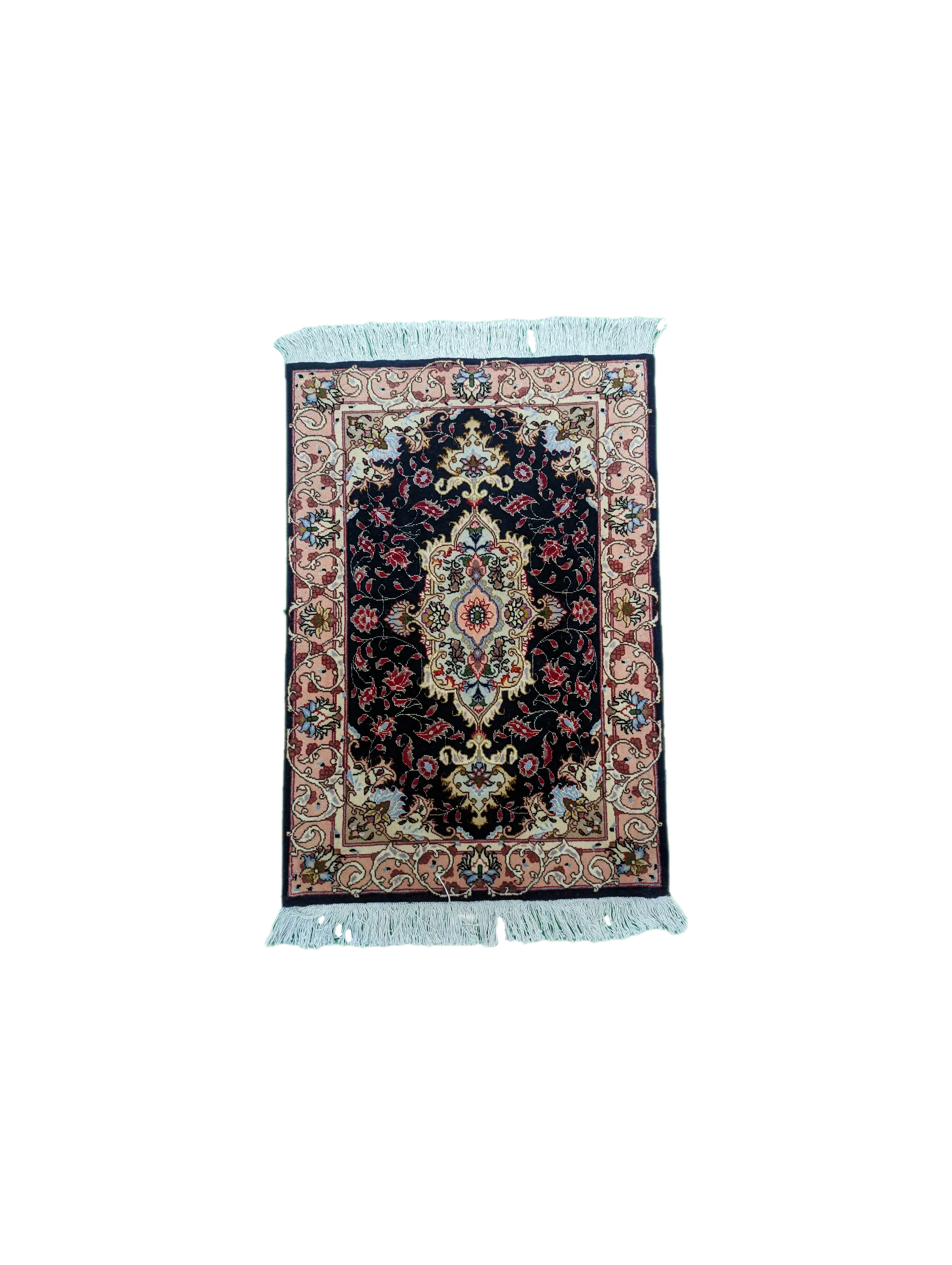 handmade Persian Tabriz rug with black background and floral medallion