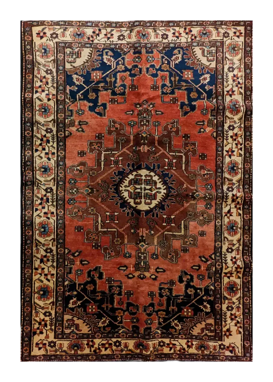 handmade Persian Tafresh rug with central medallion on red background and light border