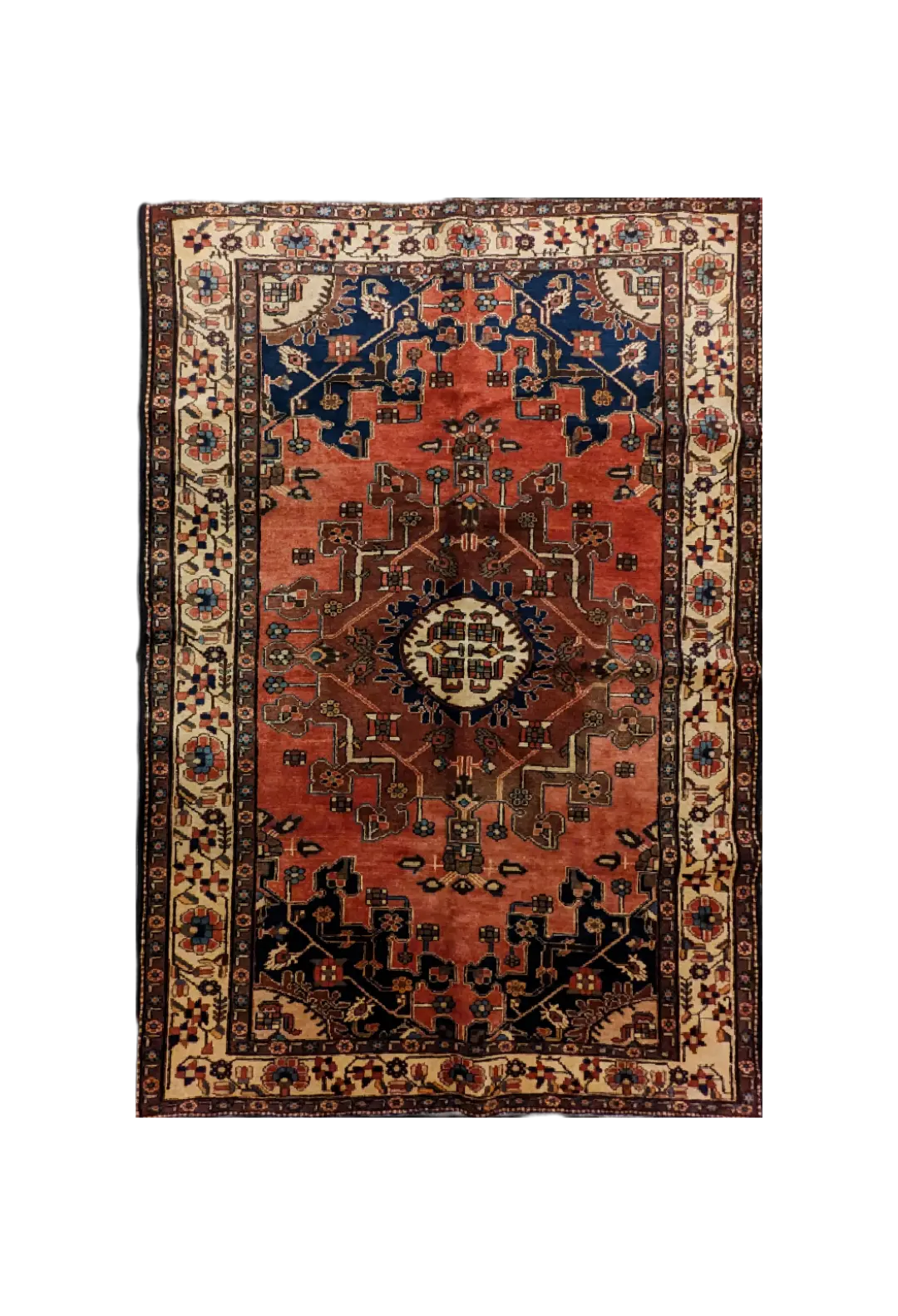 handmade Persian Tafresh rug with central medallion on red background and light border