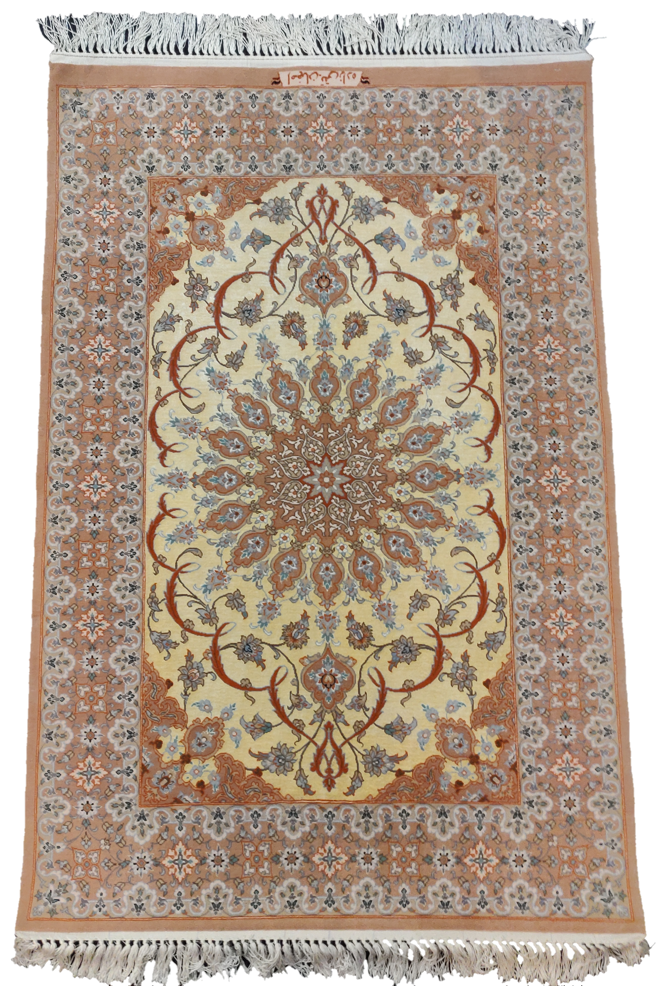 Tappeto persiano Isfahan firmato 130x85 con trama e ordito in seta e medaglione floreale