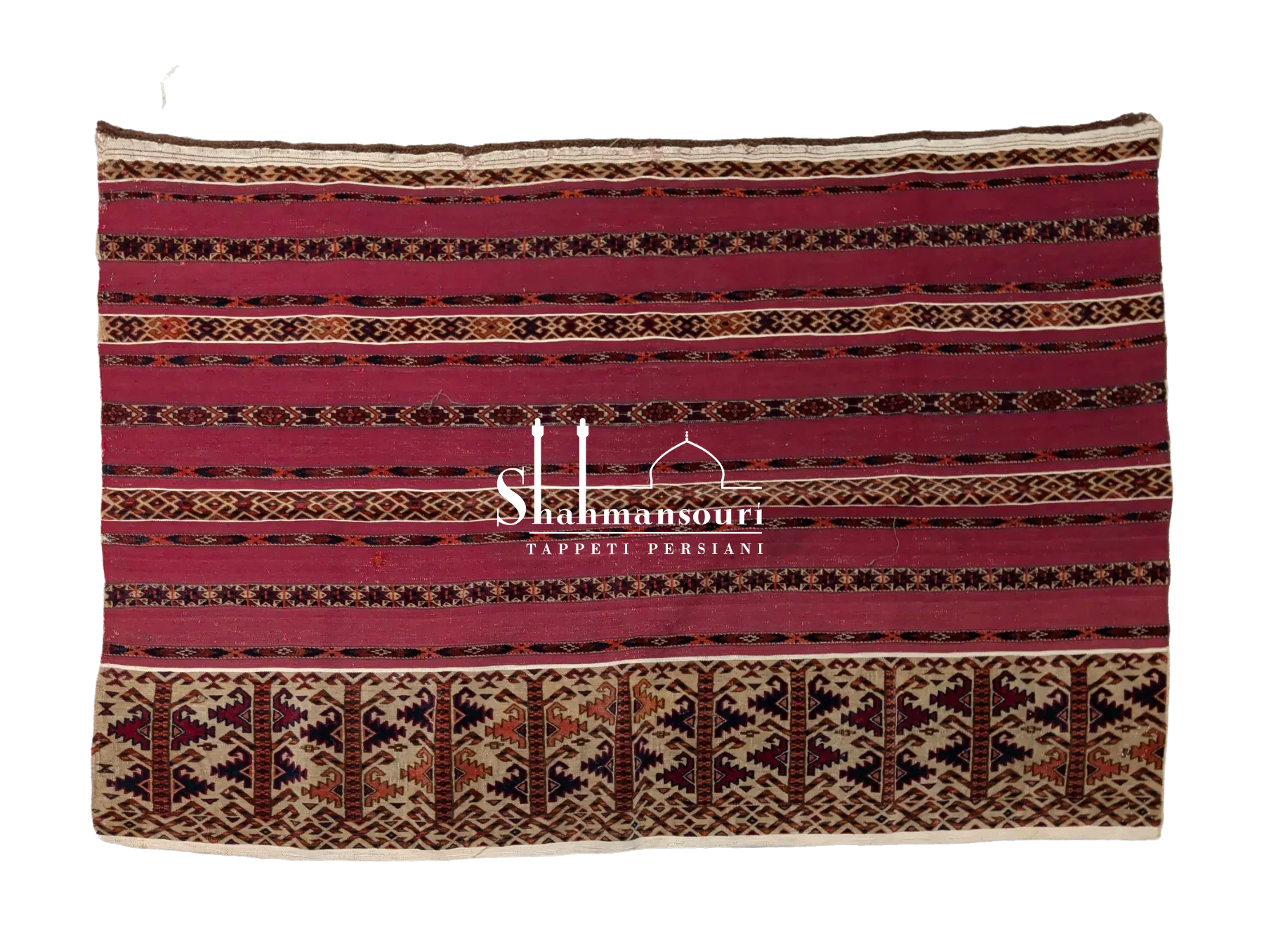 Turkmeno persiano a fasce rosse con sottili strisce geometriche e ampia fascia avorio a motivi angolari rossi e scuri.