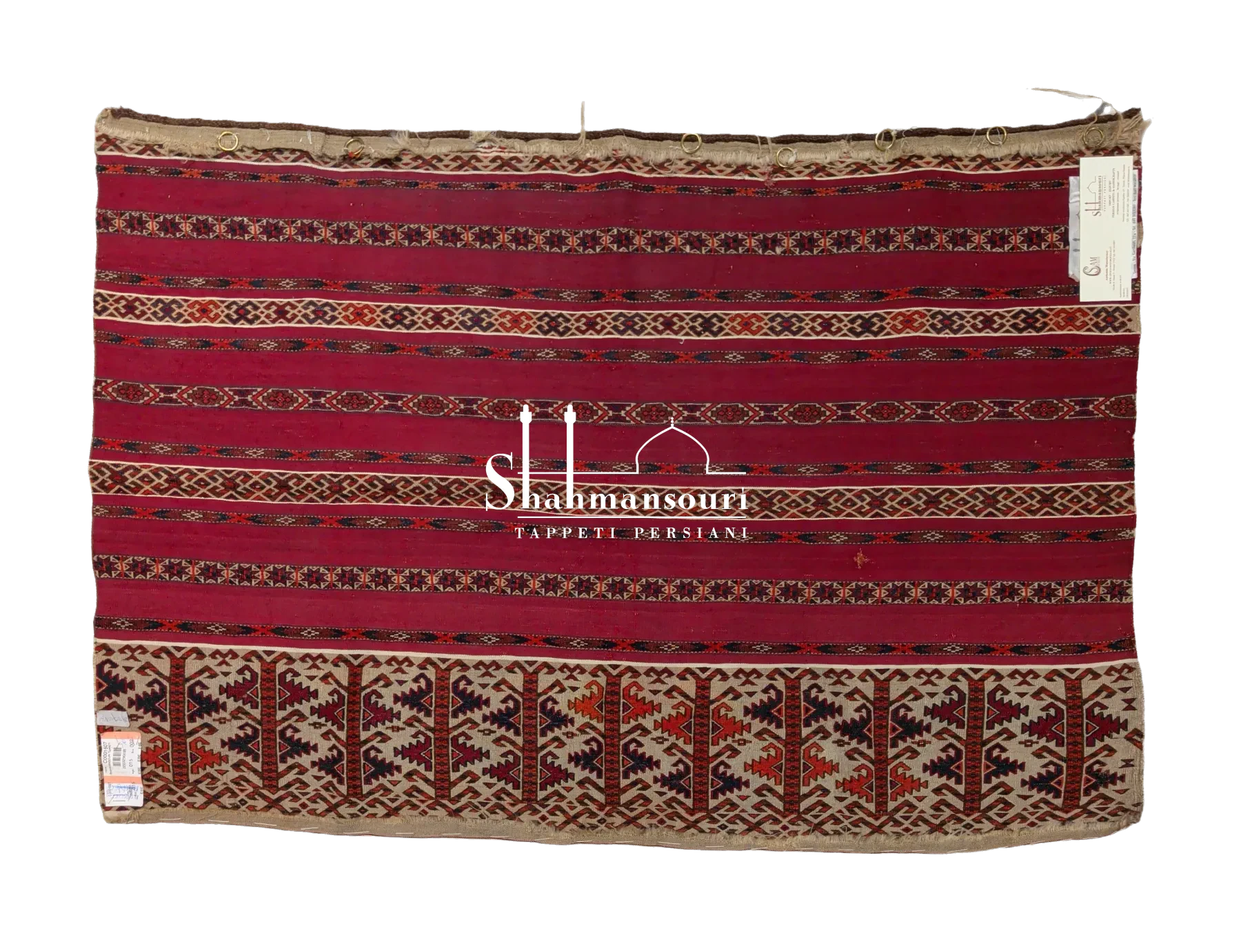 Turkmeno persiano a fasce rosse con sottili strisce geometriche e ampia fascia avorio a motivi angolari rossi e scuri. - dettaglio 2