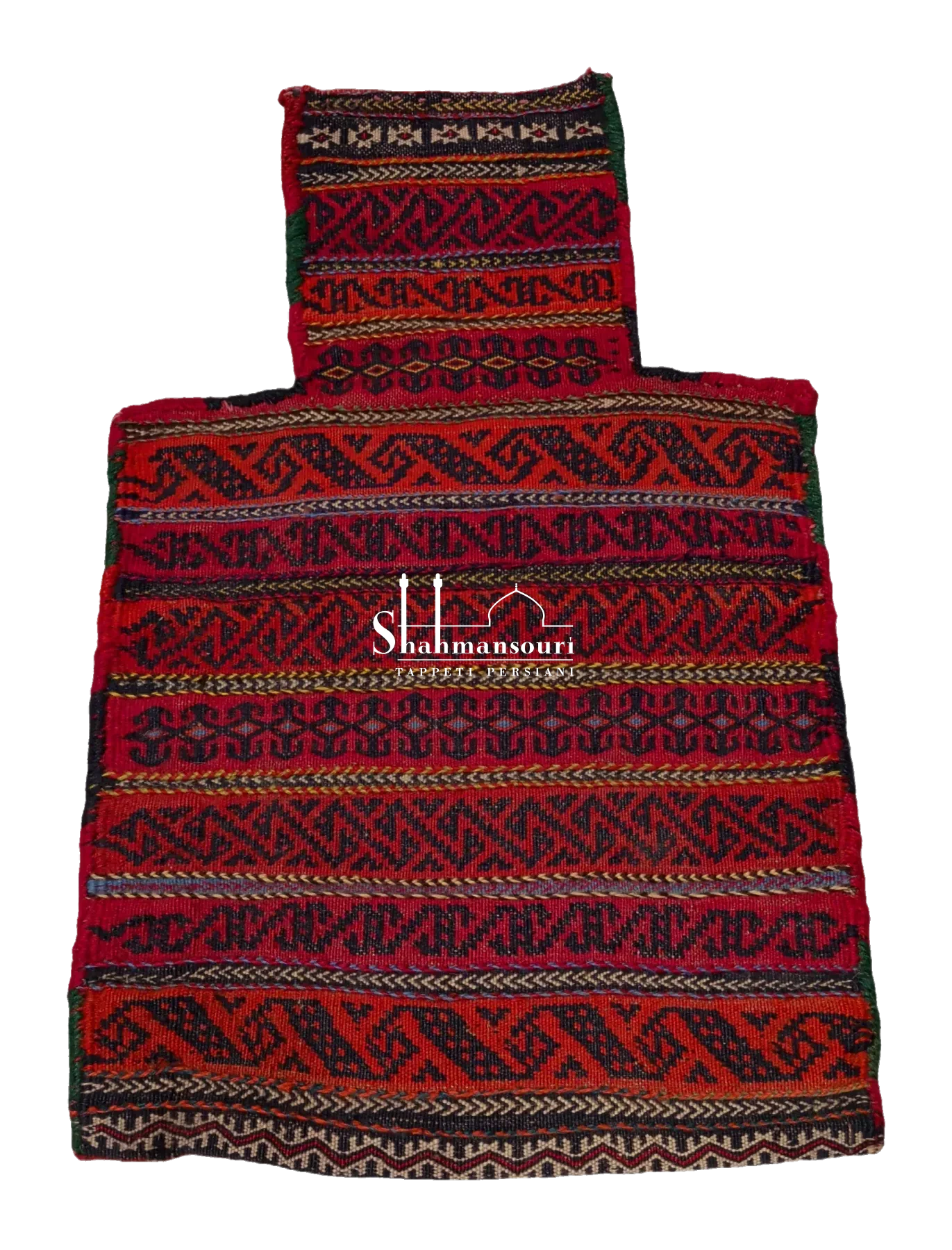 Namakdan turkmeno rosso e arancio con fasce a motivi geometrici scuri, sottili bande policrome e collo decorato.