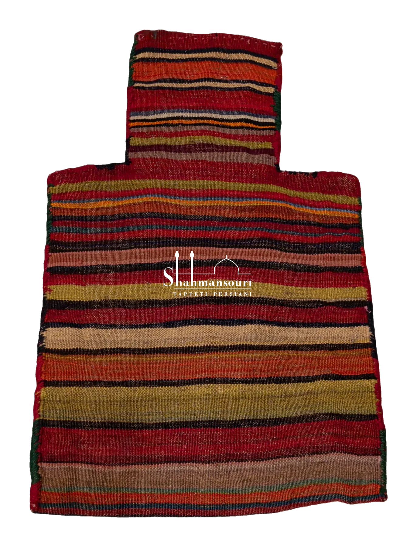 Namakdan turkmeno rosso e arancio con fasce a motivi geometrici scuri, sottili bande policrome e collo decorato. - dettaglio 2