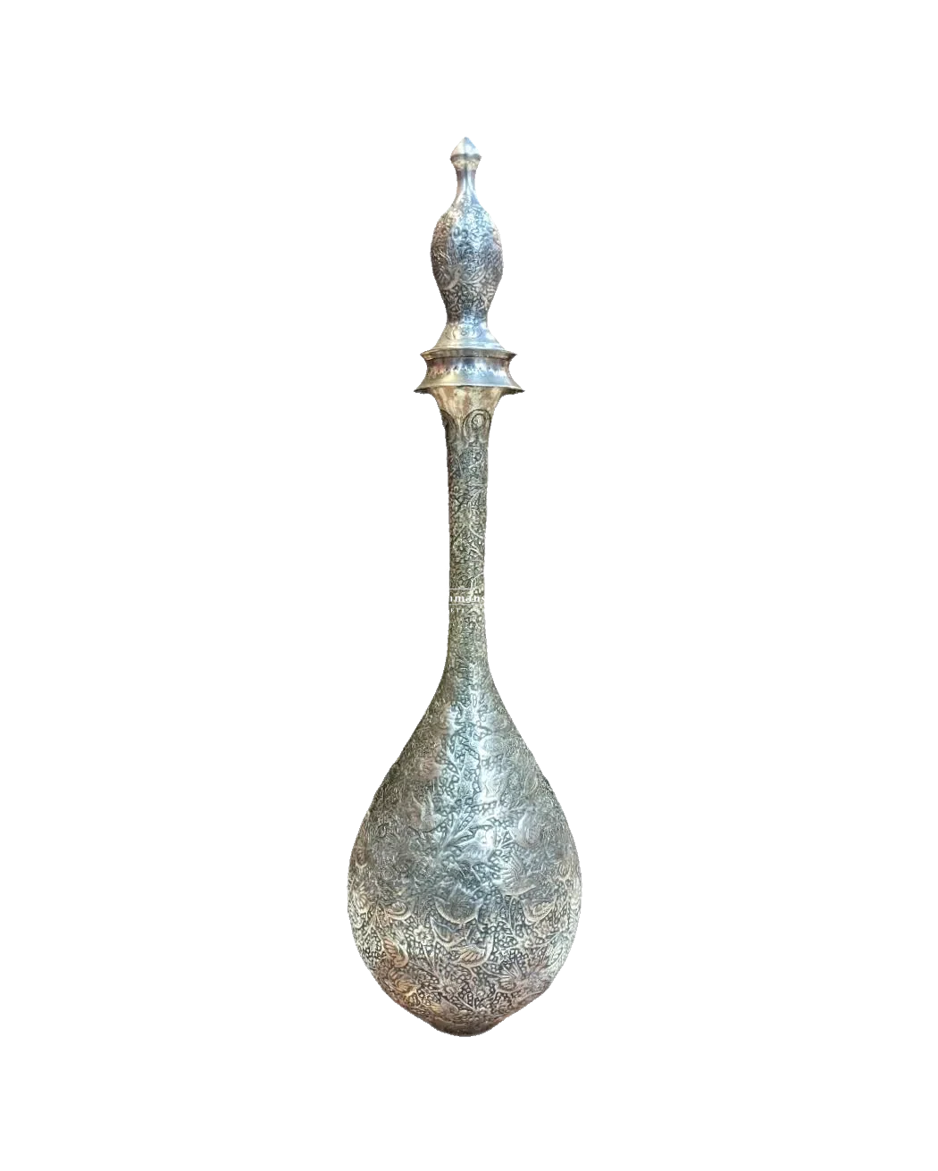 Silver-toned Persian chased vase with a teardrop-shaped body, long slender neck and dense plant decoration.